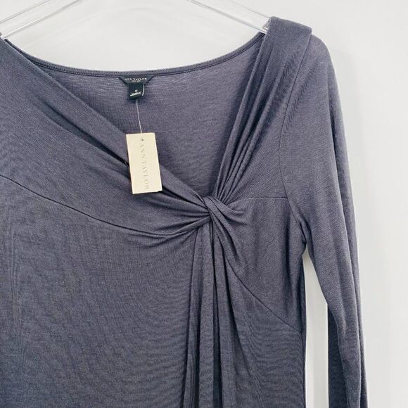 Ann Taylor Sz Small Charcoal Gray Long Sleeve Knotted Neckline Wool Blend Dress - Picture 4 of 8